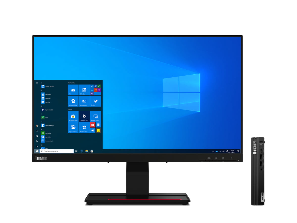Lenovo ThinkCentre M75q Gen5 de frente, con monitor táctil